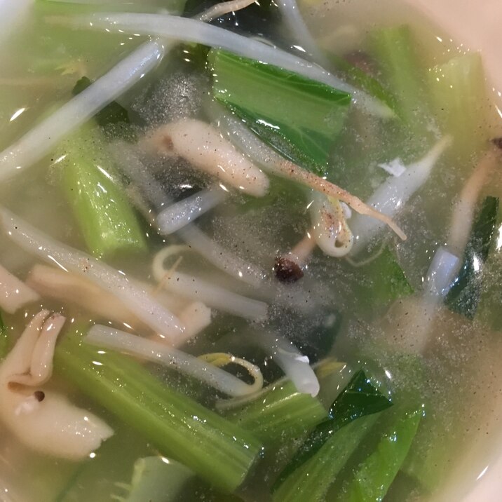 小松菜ともやしとしめじとあさりのスープ